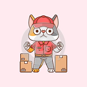 Cute rabbit courier package delivery animal chibi character mascot icon flat line art style illustration concept cartoon