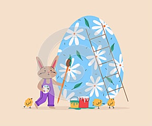 Cute rabbit decorate Easter egg with chicks. Vector illustration for Easter day. For greeting cards, posters, banners