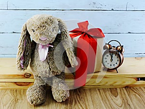 Cute rabbit doll and gift box with alarm clock