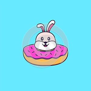 Cute rabbit with a donut on his neck. Animal cartoon concept isolated. Can used for t-shirt, greeting card, invitation card or
