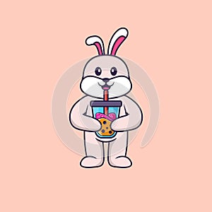 Cute rabbit Drinking Boba milk tea. Animal cartoon concept isolated. Can used for t-shirt, greeting card, invitation card or