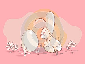 Cute rabbit with easter eggs Happy Easter bunny