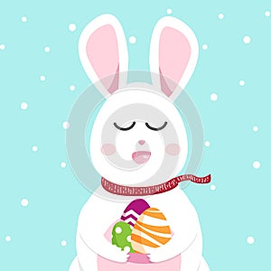 Cute rabbit greeting card, Happy Easter and Christmas in winter, bunny cartoon background seasonal holiday vector illustration
