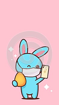 Cute rabbit with egg and smartphone wearing face mask to prevent coronavirus happy easter bunny sticker