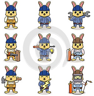 Cute Rabbit engineers workers, builders characters isolated cartoon illustration.