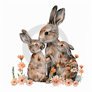A cute rabbit family is enjoying a garden full of flowers