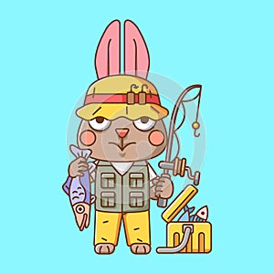 Cute rabbit fisher fishing animal chibi character mascot icon flat line art style illustration concept cartoon