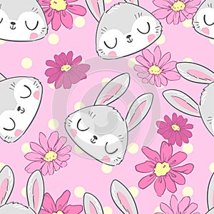Cute Rabbit and flowers sketch vector illustration pattern seamless. Hand drawn bunny Background