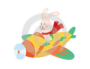 Cute rabbit flying an airplane with scarf fluttering. Funny pilot flying on planes. Cartoon vector illustration isolated