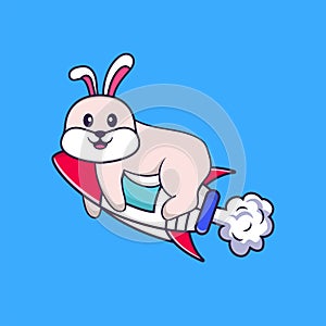 Cute rabbit flying on rocket. Animal cartoon concept isolated. Can used for t-shirt, greeting card, invitation card or mascot.