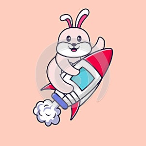 Cute rabbit flying on rocket. Animal cartoon concept isolated. Can used for t-shirt, greeting card, invitation card or mascot.