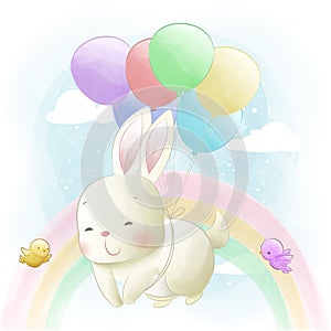 Cute rabbit flying into the sky with balloons and rainbow background