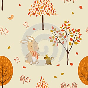 Cute rabbit and friends in autumn forest seamless pattern for fabric,textile,print or wallpaper