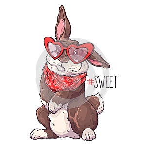 Cute rabbit with glasses and bandana. Fluffy bunny for posters, postcards, t-shirt print. Vector hand drawn style