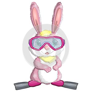 Cute rabbit, hare in a summer hat and swim ring, flippers. Beach, holiday, vacation concept. Symbol of 2023.
