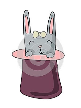 Cute rabbit in the hat. Vector illustration, isolated on white.