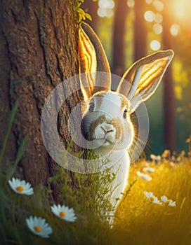 Cute rabbit hiding behind a tree in the forest