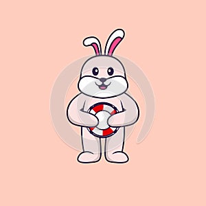 Cute rabbit holding a buoy. Animal cartoon concept isolated. Can used for t-shirt, greeting card, invitation card or mascot. Flat
