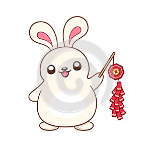 Cute rabbit holding a Chinese firecrackers cartoon illustration. Chinese Zodiac Animal, Year of the Rabbit 2023, New year and Mid
