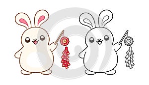 Cute rabbit holding a Chinese firecrackers outline cartoon illustration. Chinese Zodiac Animal, Year of the Rabbit 2023, New year
