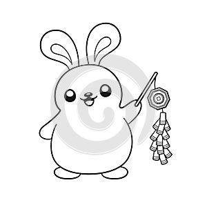 Cute rabbit holding a Chinese firecrackers outline cartoon illustration. Chinese Zodiac Animal, Year of the Rabbit 2023, New year