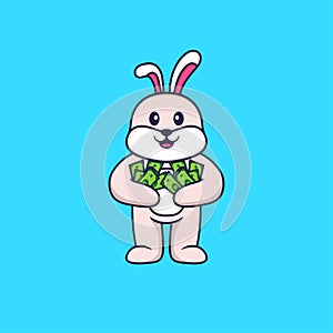 Cute rabbit holding money. Animal cartoon concept isolated. Can used for t-shirt, greeting card, invitation card or mascot. Flat