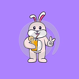 Cute rabbit holding orange juice in glass. Animal cartoon concept isolated. Can used for t-shirt, greeting card, invitation card