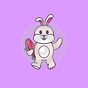 Cute rabbit holding a skateboard. Animal cartoon concept isolated. Can used for t-shirt, greeting card, invitation card or mascot