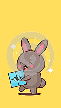 Cute rabbit holding wrapped present box happy easter bunny sticker spring holiday concept vertical