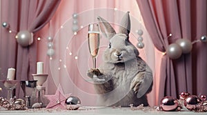 cute rabbit holds a glass of champagne in his paw, celebrates the New Year in an interior with peach fuzz decor