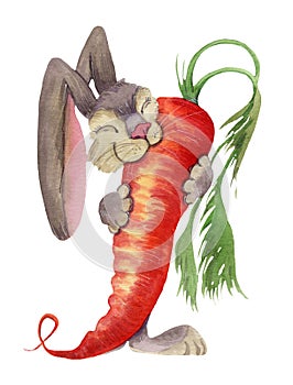 Cute rabbit hugging a crunchy carrot