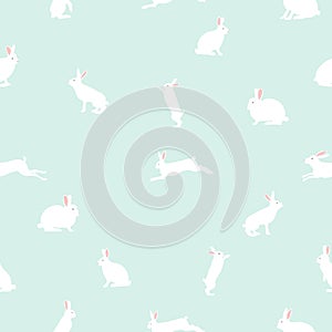 Cute rabbit illustration, seamless pattern on blue background