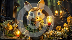 Cute Rabbit In Jacket Standing By Candles And Flowers In Enchanted Forest Setting.