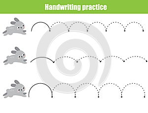 Cute rabbit jump. Handwriting practice sheet. Educational children game. Tracing lines for kids and toddlers