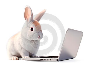 Cute rabbit with laptop computer on white background, internet technology concept, realistic 3D illustration, generative ai