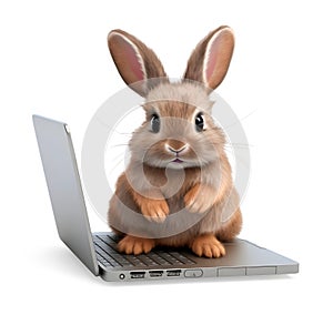 Cute rabbit with laptop computer on white background, internet technology concept, realistic 3D illustration, generative ai