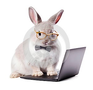 Cute rabbit with laptop computer on white background, internet technology concept, realistic 3D illustration, generative ai