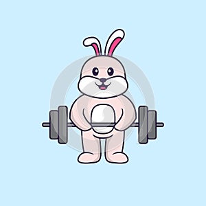 Cute rabbit lifts the barbell. Animal cartoon concept isolated. Can used for t-shirt, greeting card, invitation card or mascot.