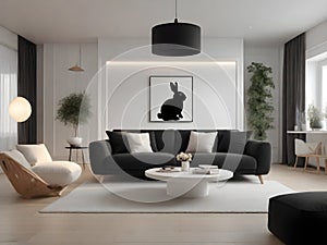 cute rabbit in the living room, big sofa, big TV and big audio speakers illustration