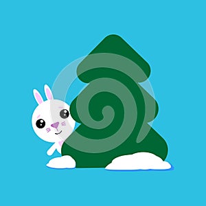 Cute rabbit looks out from behind a tree, funny character. Vector illustration.