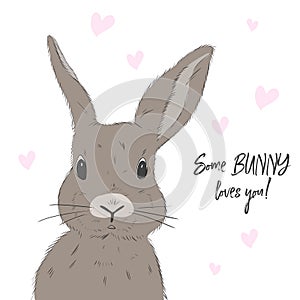 Cute rabbit with Love you text. Bunny vector illustration. Cartoon character spring print. Hand drawn childish t-shirt print.