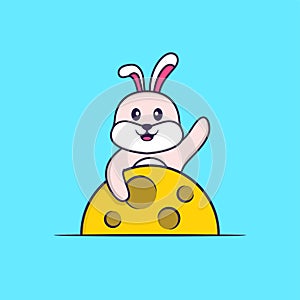 Cute rabbit is on the moon. Animal cartoon concept isolated. Can used for t-shirt, greeting card, invitation card or mascot. Flat