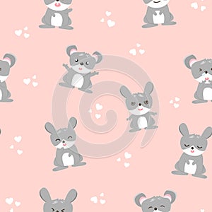 Cute rabbit and mouse, rodent animal, pink baby with heart seamless pattern adorable using for kids background texture vector