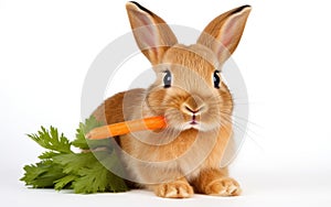 A Cute Rabbit Munching on a Carrot Isolated on White -Generative Ai