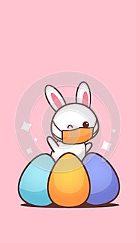 Cute rabbit near eggs wearing face mask to prevent coronavirus happy easter bunny sticker