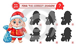 Cute rabbit in New Year Santa Claus costume find shadow shape. Christmas bunny education match children puzzle game. Vector