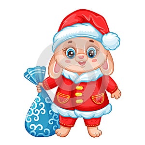 Cute rabbit in New Year Santa costume with Christmas holiday bag presents. Bunny animal. Chinese horoscope zodiac sign. Vector