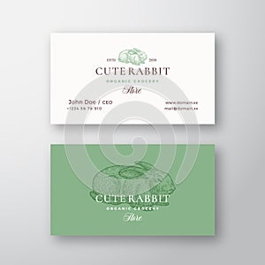 Cute Rabbit Organic Grocery Store. Abstract Vector Logo and Business Card Template. Hand Drawn Engraving Style Rabbit