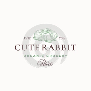 Cute Rabbit Organic Grocery Store. Abstract Vector Sign, Symbol or Logo Template. Hand Drawn Engraving Style Rabbit