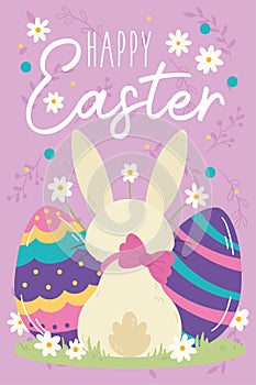 Cute rabbit with a pair of painted eggs Easter week invitational card Vector